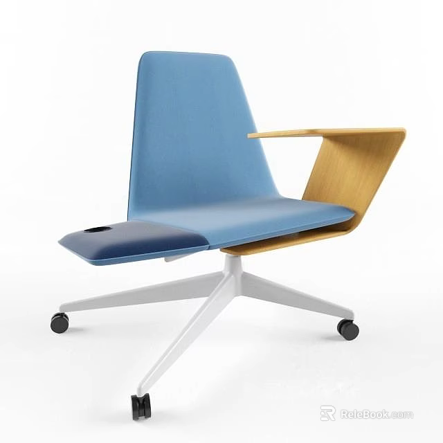 Modern Single Chair with Blue Seat and Wooden Armrest on White Metal Base with Wheels 3d model 