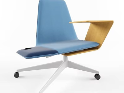 Modern Single Chair with Blue Seat and Wooden Armrest on White Metal Base with Wheels 3d model