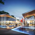 Modern Sales Office Building With Glass Curtain Wall Pool And Landscape Lighting 3d model