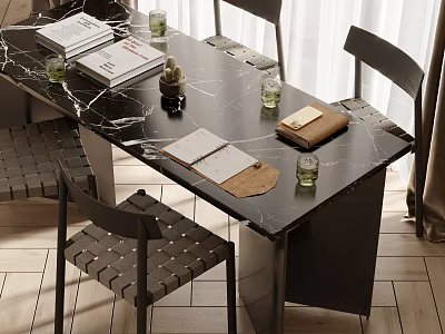 Modern Dining Table Set With Black Marble Top Dark Woven Chairs And Decorative Items 3d model