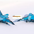 Two Blue Camouflaged Fighter Jets Parked Side by Side on White Surface 3d model