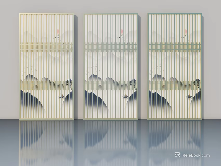Three Panel Chinese Style Hinged Doors With Vertical Stripes And Landscape Artwork 3d model