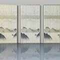 Three Panel Chinese Style Hinged Doors With Vertical Stripes And Landscape Artwork 3d model