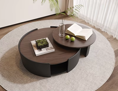 Round Coffee Table With Open Book Green Apples And Glass Vase On Light Gray Rug 3d model