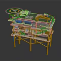 Cartoon Scene Of Multi Level Industrial Platform With Green Top Yellow Supports And Crane