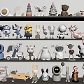 Assorted Cute Dolls Collection With Bear Robot Rabbit Deer On Decorative Shelves