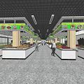 Supermarket Department Store Interior With Green Billboards Stalls Bright Light Tubes And Customers