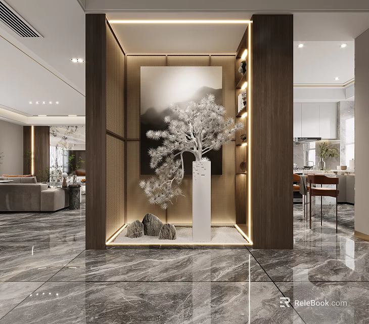 Modern Entryway Hallway Interior Design With Wooden Frame Marble Floor Decorative Plant Ornaments And Recessed Lighting 3d model 