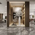 Modern Entryway Hallway Interior Design With Wooden Frame Marble Floor Decorative Plant Ornaments And Recessed Lighting