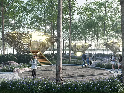 Modern Pergola Design In Natural Forest Setting With People Walking Around 3d model