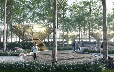 Special-shaped landscape gallery frame picking garden bamboo long gallery pavilion structure ecological village 3d model