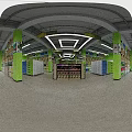 Spacious Supermarket Interior With Green Pillars And Shelves Filled With Various Products