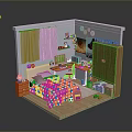 Cozy Small Room Interior With Checkered Bed Desk Computer Curtains Wooden Cabinet And Green Plants