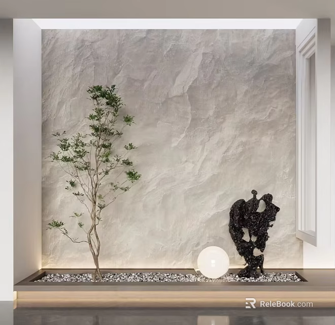 Garden Ornament Display with Small Tree Black Sculpture White Pebbles and Gray Wall 3d model 