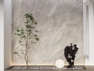 Garden Ornament Display with Small Tree Black Sculpture White Pebbles and Gray Wall 3d model