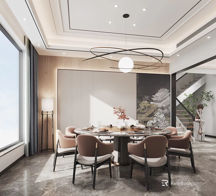 Elegant Restaurant Interior Design With Round Dining Table Beige Chairs And Pendant Light 3d model