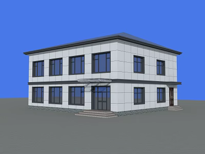 Two Story Modern Building With White Exterior Multiple Windows And Entrance Steps 3d model