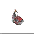 Futuristic Blonde Female Character Standing On Red Mechanical Creature With Headlights Pipes And Orange Sky