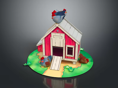 Chicken Perched On Red Barn Roof With Green Grass Path And Stones 3d model