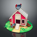 Chicken Perched On Red Barn Roof With Green Grass Path And Stones