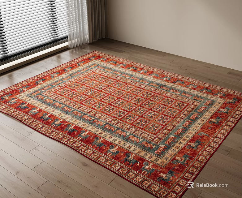 Traditional Square Area Rug With Red Patterns On Wooden Floor By Window 3d model 
