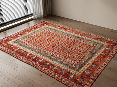 Traditional Square Area Rug With Red Patterns On Wooden Floor By Window 3d model