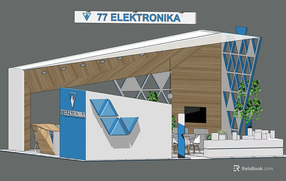 77 ELEKTRONIKA Modern Exhibition Booth With Wooden Elements Blue Geometric Accents And Green Plants 3d model 