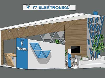 77 ELEKTRONIKA Modern Exhibition Booth With Wooden Elements Blue Geometric Accents And Green Plants 3d model