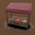 Wooden Market Stall With Red Black Checkered Canopy And Fruit Vegetable Trays