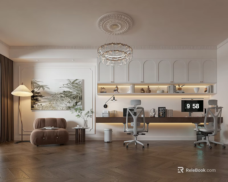 Elegant Modern Study Room With Office Chairs And Cabinets 3d model