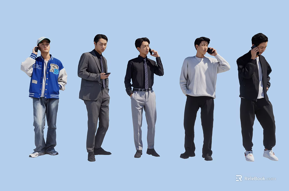 Group of Men in Different Outfits Talking on Mobile Phones Against Light Blue Background 3d model 