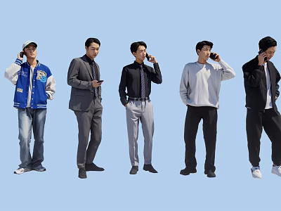 Group of Men in Different Outfits Talking on Mobile Phones Against Light Blue Background 3d model