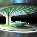 Modern Circular Exhibition Structure With Green Base White Pillars Curved Top And Console Screen 3d model
