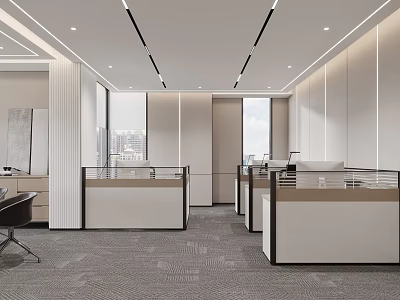 Modern Public Office Space With Open Workstations Desks Chairs Large Windows And Ceiling Lighting 3d model