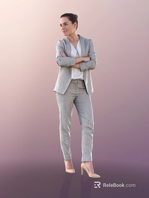 Professional Woman in Gray Pinstripe Suit White Blouse with Arms Crossed Standing Against Gradient Background 3d model 