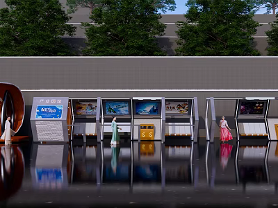 Modern Luzhuang Station Waiting Shelter With Billboards Pedestrians Reflective Ground Surrounded By Trees 3d model