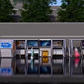 Modern Luzhuang Station Waiting Shelter With Billboards Pedestrians Reflective Ground Surrounded By Trees