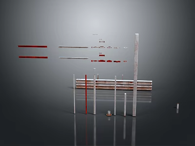 Minimalist Abstract Landscape With Metal Strips Red Lines On Gray Background And Reflective Surfaces 3d model