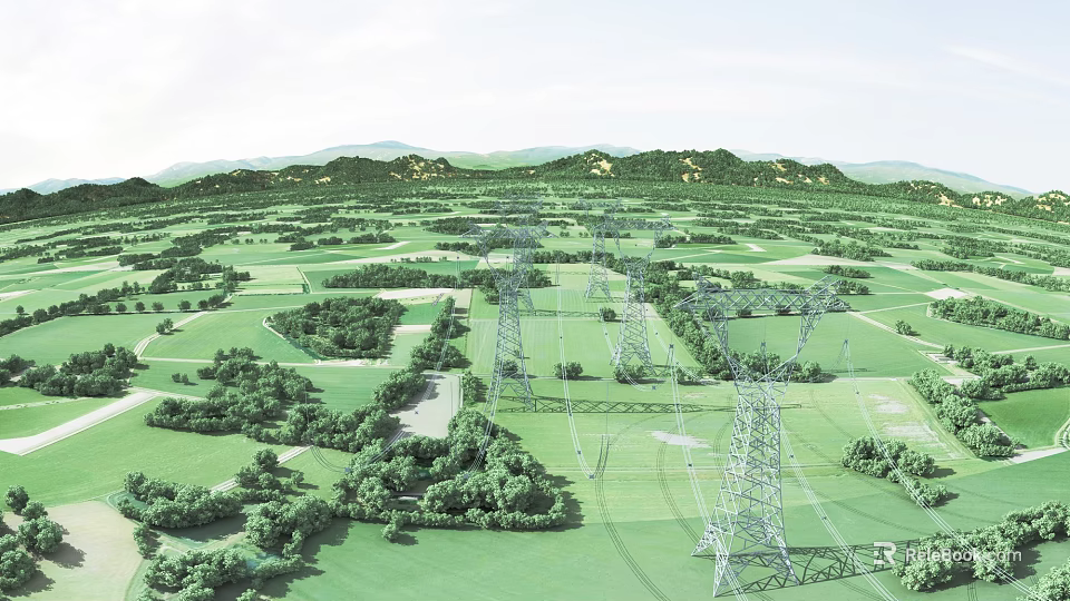 Open Rural Scenic Landscape With Green Fields Distant Mountains And High Voltage Power Towers 3d model 