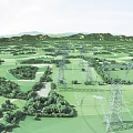 Open Rural Scenic Landscape With Green Fields Distant Mountains And High Voltage Power Towers