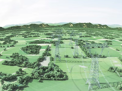 Open Rural Scenic Landscape With Green Fields Distant Mountains And High Voltage Power Towers 3d model