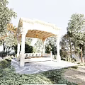 Classical Stone Gazebo With Columns Surrounded By Trees Lawn And Fallen Leaves 3d model