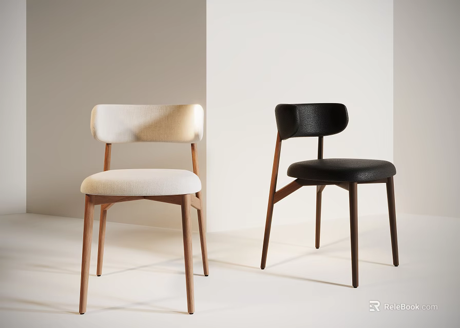 Modern Light Beige Fabric and Black Leather Dining Chairs with Wooden Legs in Minimalist Space 3d model 