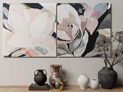 Two Panel Abstract Painting with Pink White Black Gray Flowers and Leaves for Interior Decor 3d model