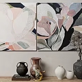 Two Panel Abstract Painting with Pink White Black Gray Flowers and Leaves for Interior Decor