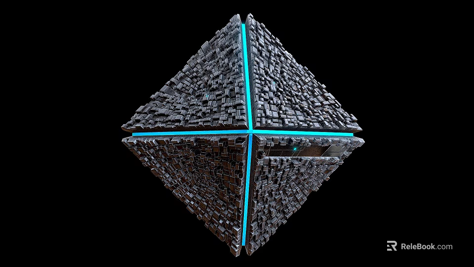 3D Geometric Structure Composed Of Small Blocks With Glowing Blue Lines On Black Background 3d model 