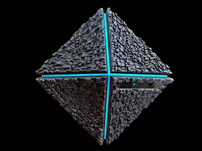 3D Geometric Structure Composed Of Small Blocks With Glowing Blue Lines On Black Background 3d model