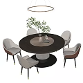 Modern Round Dining Table Set With White And Brown Chairs Green Plant And Chandelier