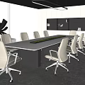 Modern Conference Room Interior With Long Table Light Colored Chairs Wall Shelves And Modern Lighting