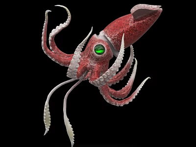 Detailed Red Squid With Green Eyes And Curved Tentacles In Underwater Scene 3d model